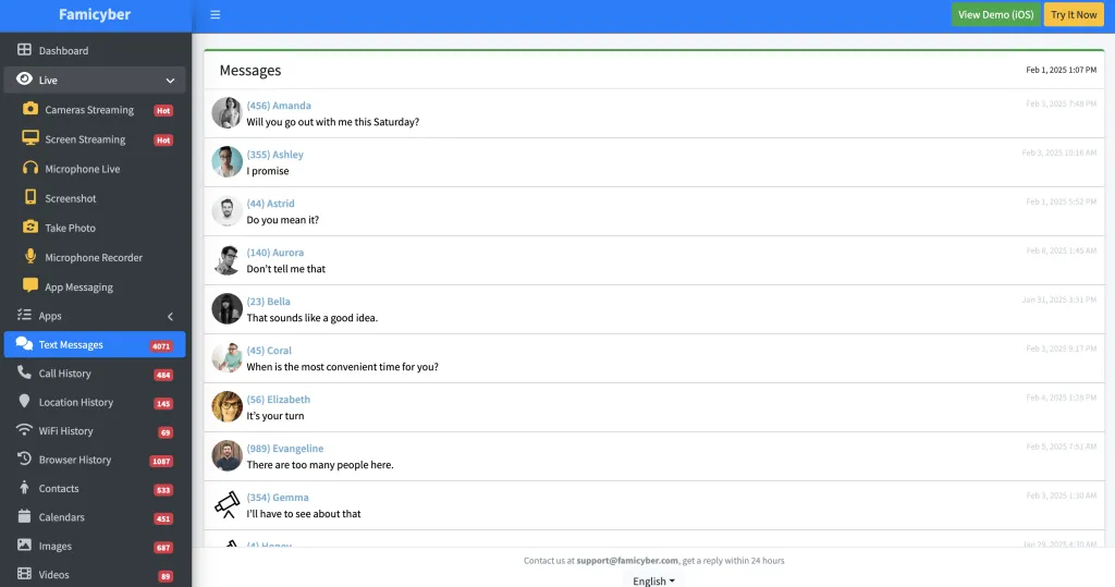 Famicyber view text messages sent and received from another phone