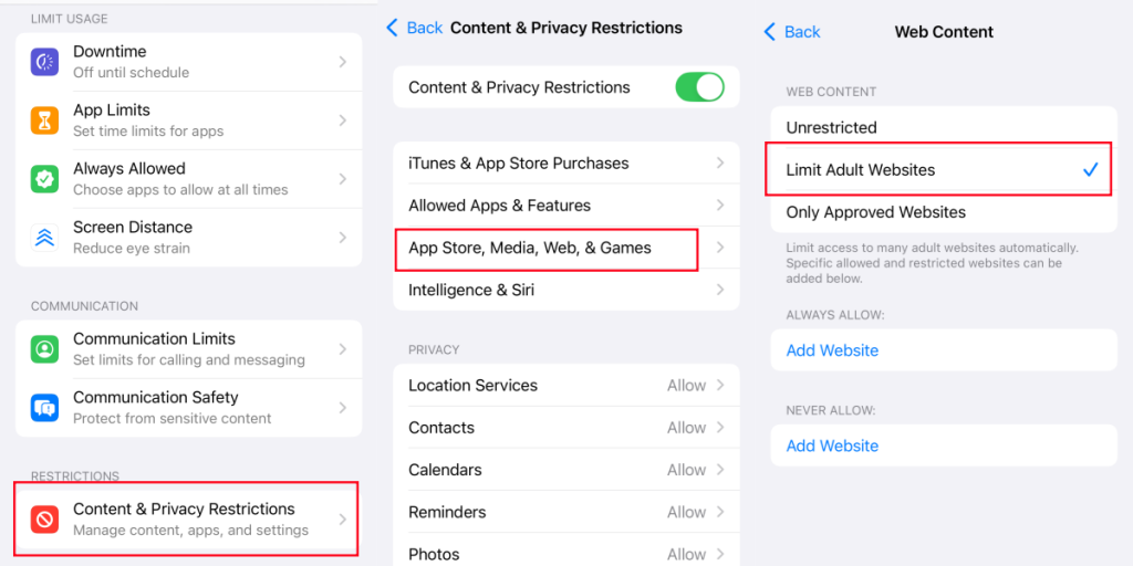 iPhone limit websites